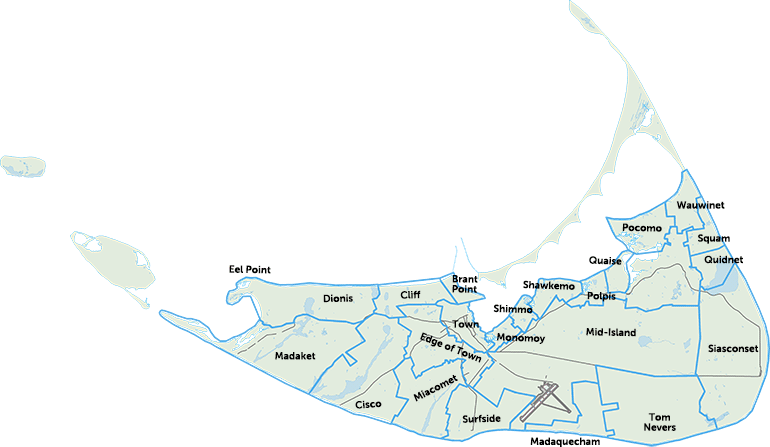 Nantucket Island map describing island areas.